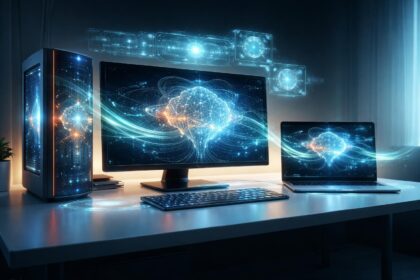 Képek egy modern AI-PC rendszer bemutatóról otthoni és irodai környezetben.