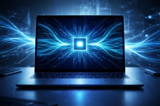 Piackutató vizuális ábrázolás az Intel Core Ultra Series 3 18A-alapú AI-PC platformjáról.