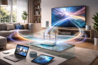 Ábrázolás a Wi‑Fi 7 technológiákról és otthoni hálózatok gyorsításáról, gyakorlati hatásokat mutatva