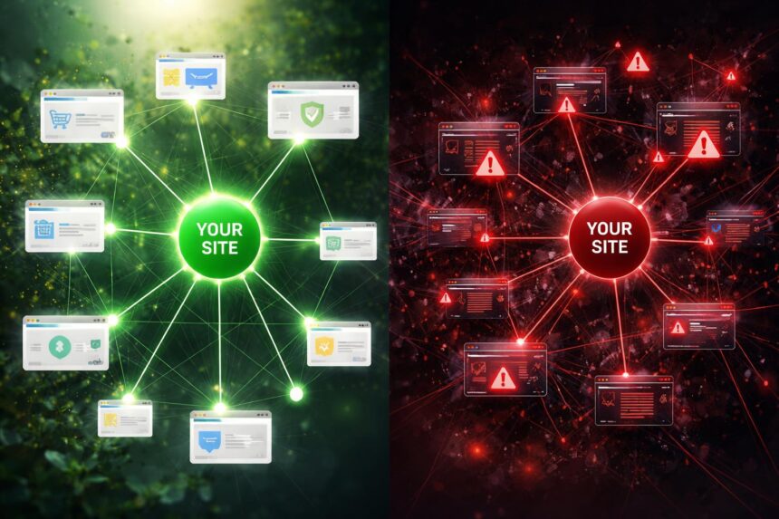 Minőségi backlink és spamszerű hivatkozások közötti különbséget vizuálisan kiemelő grafika